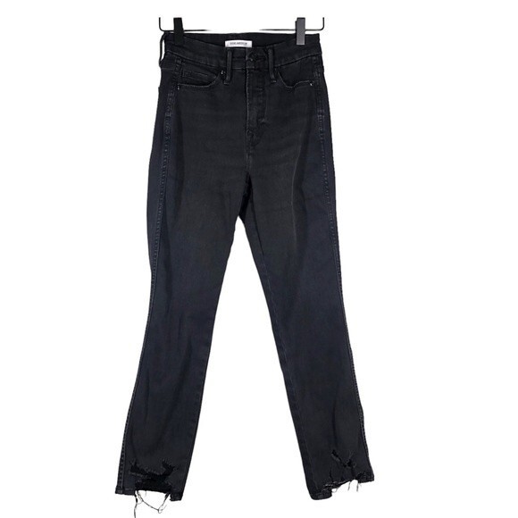 Good American Good Straight High Waist Distressed Black Jeans 0/25 - Picture 1 of 8